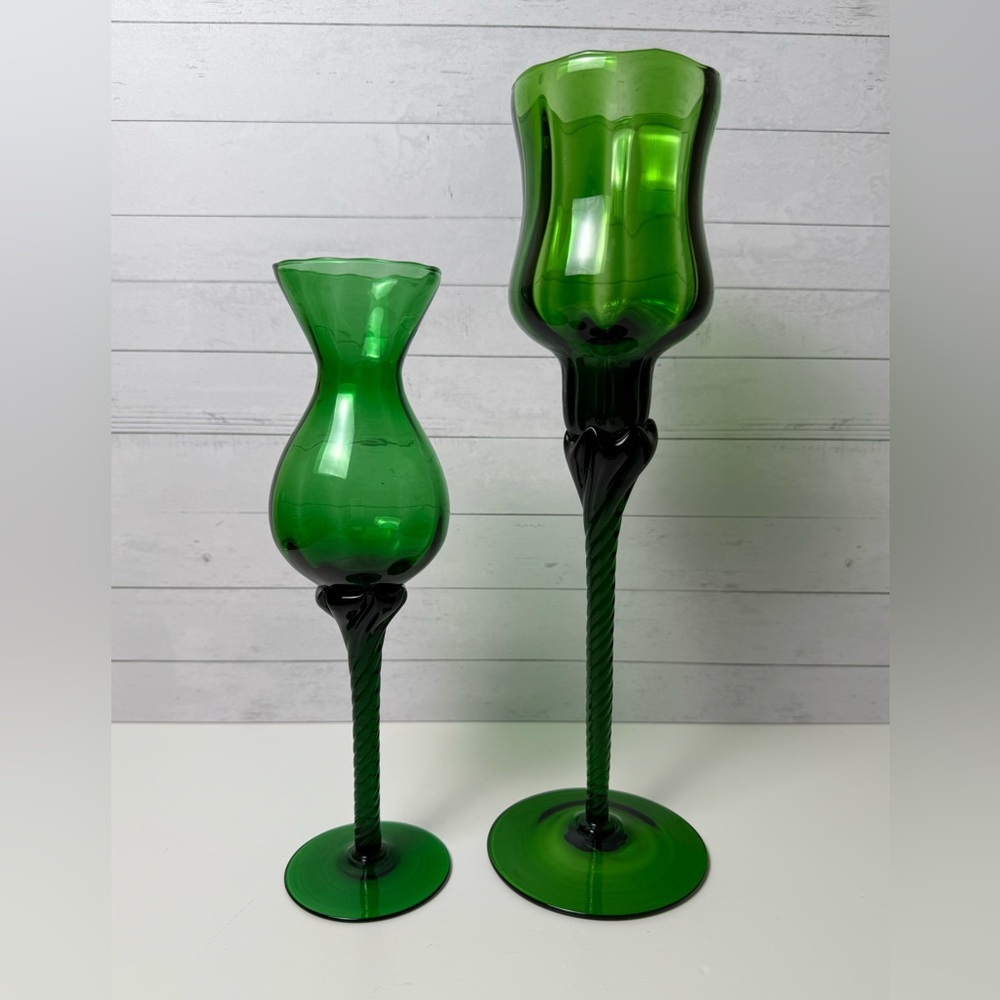 2 Emerald Green Empoli Vases with Twisted Stem